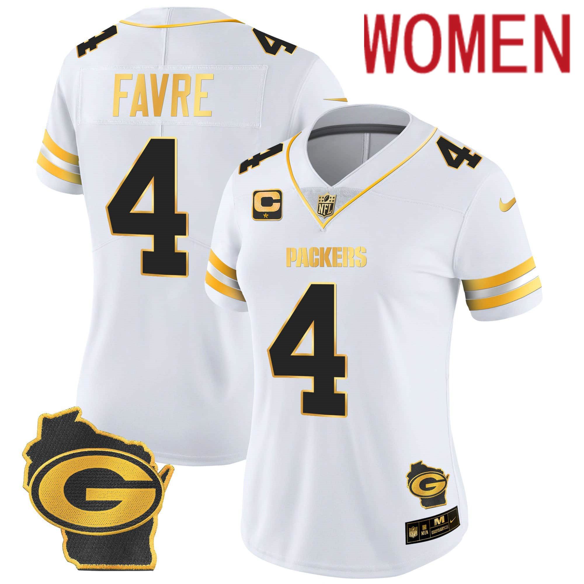 Women Green Bay Packers #4 Favre White Gold 2024 Nike Home Patch Vapor NFL Jersey->women nfl jersey->Women Jersey